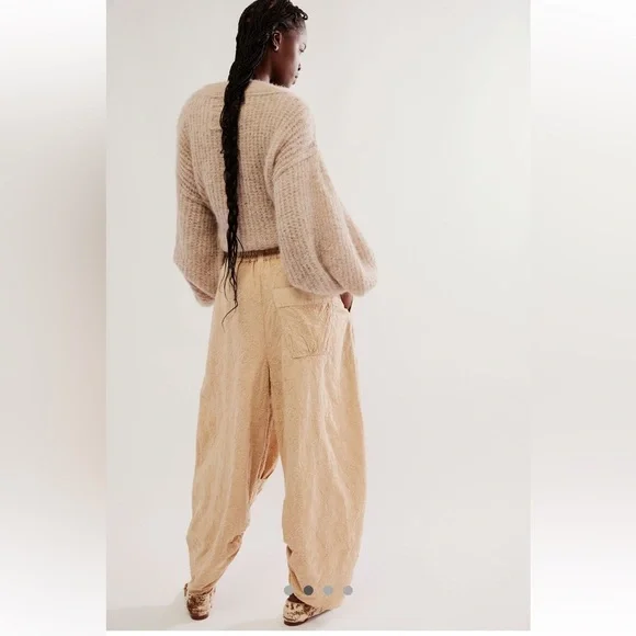 NEW Free People Easy Love Embroidered Pull On Bleached Sand Mid Rise Pants XL